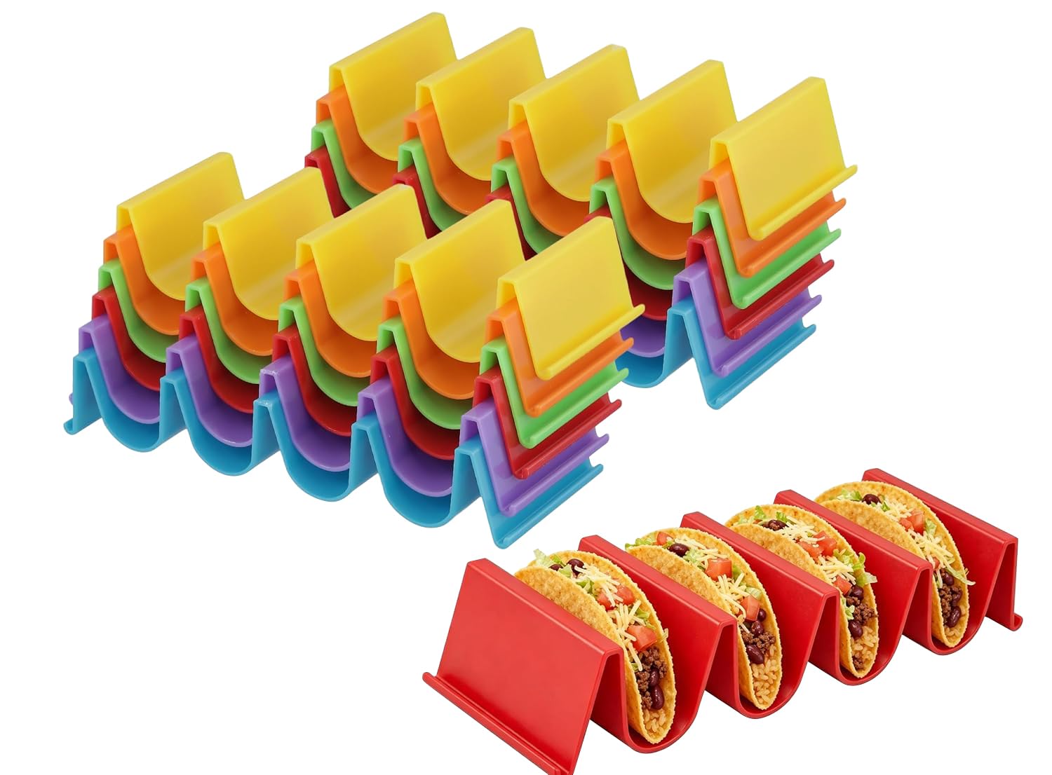 YAUFWUA 24 Pack Colorful Taco Holder Stand, Large Taco Trays for 4 Tacos Plastics Holder for Home Baking, Party Supplies