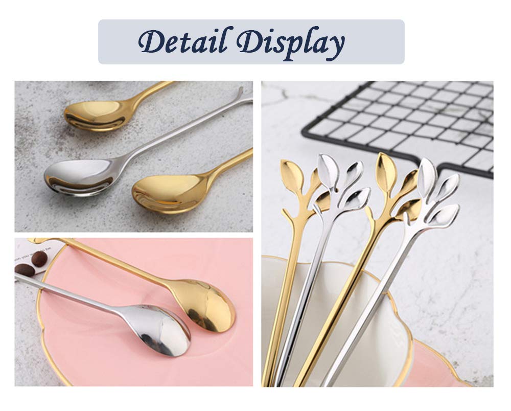 Turbokey Gold Leaf Coffee Spoon Set Of 8,Ice-Cream Tea Stirring Spoons 4.7 Inches Retro Dessert Demitasse Espresso Spoons Cutler