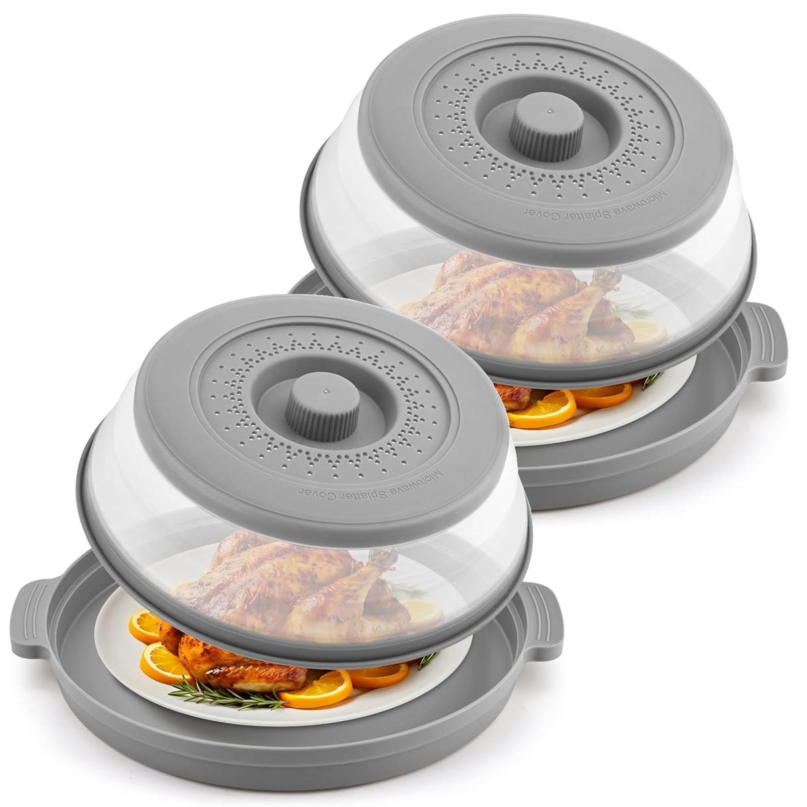 2 Pack Microwave Splatter Cover for Food with Anti-scald Base Plate,Large Plastic & Silicone Vented Avoid Scalding Collapsible G