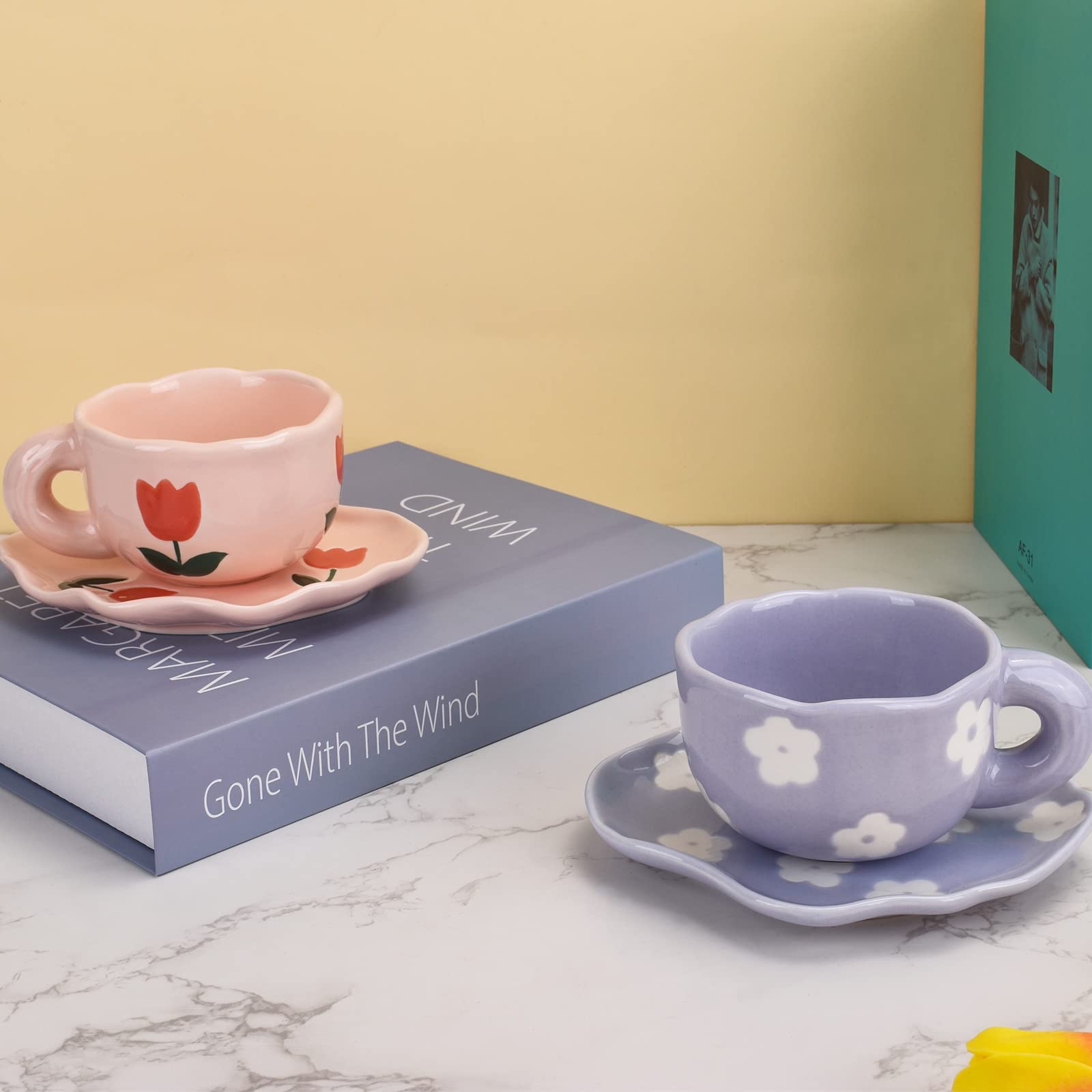 Koythin Ceramic Coffee Mug With Saucer Set, Cute Creative Cup Unique Irregular Saucer Design For Office And Home, 6 Oz/180 Ml Fo