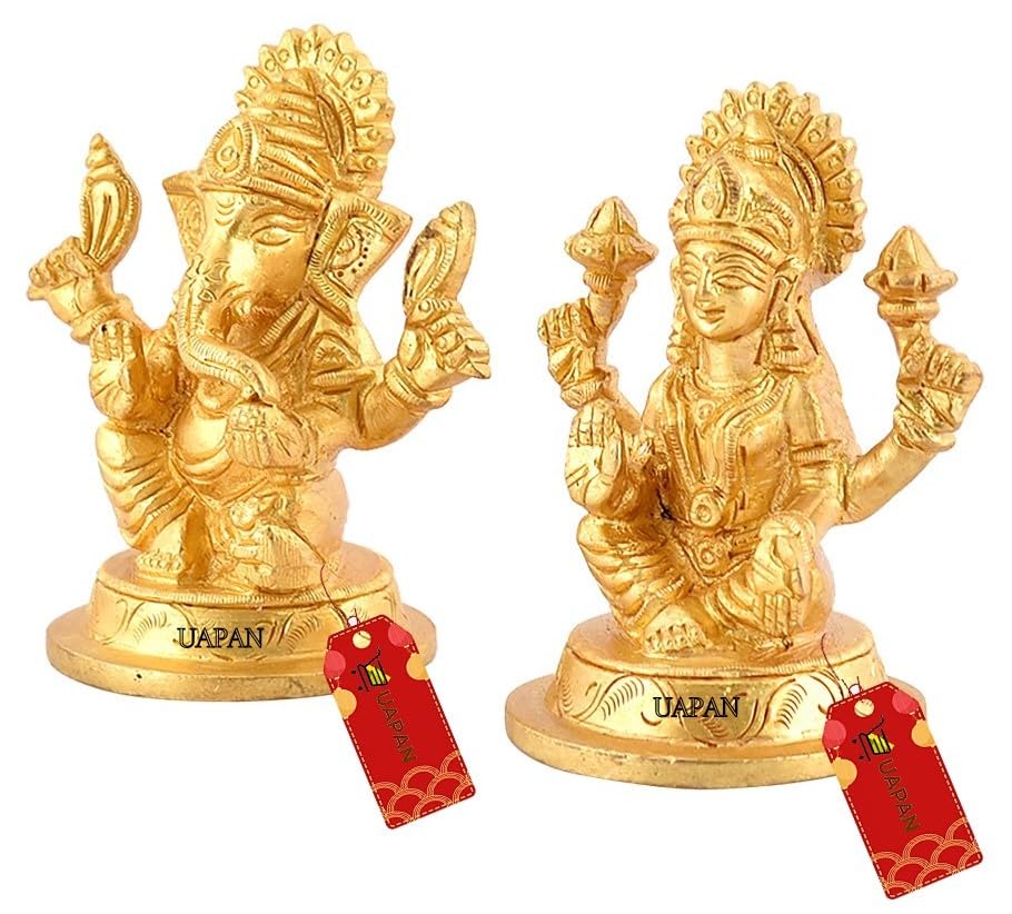 Uapan Brass Idol Murti I Pooja Poojan Temple Daily Worship 100% Brass Material I Laxmi Ganesh Brass Idol (Medium Ganesh And Laxm