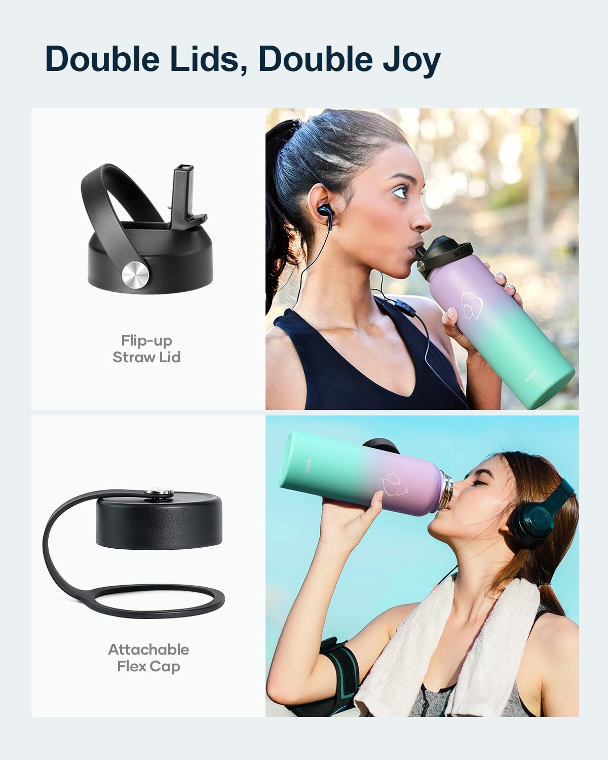 Buzio 40Oz Insulated Water Bottle, Stainless Steel Double Wall Water Flask (Cold For 48 Hrs) Leak Proof Sports Bottles Jug With