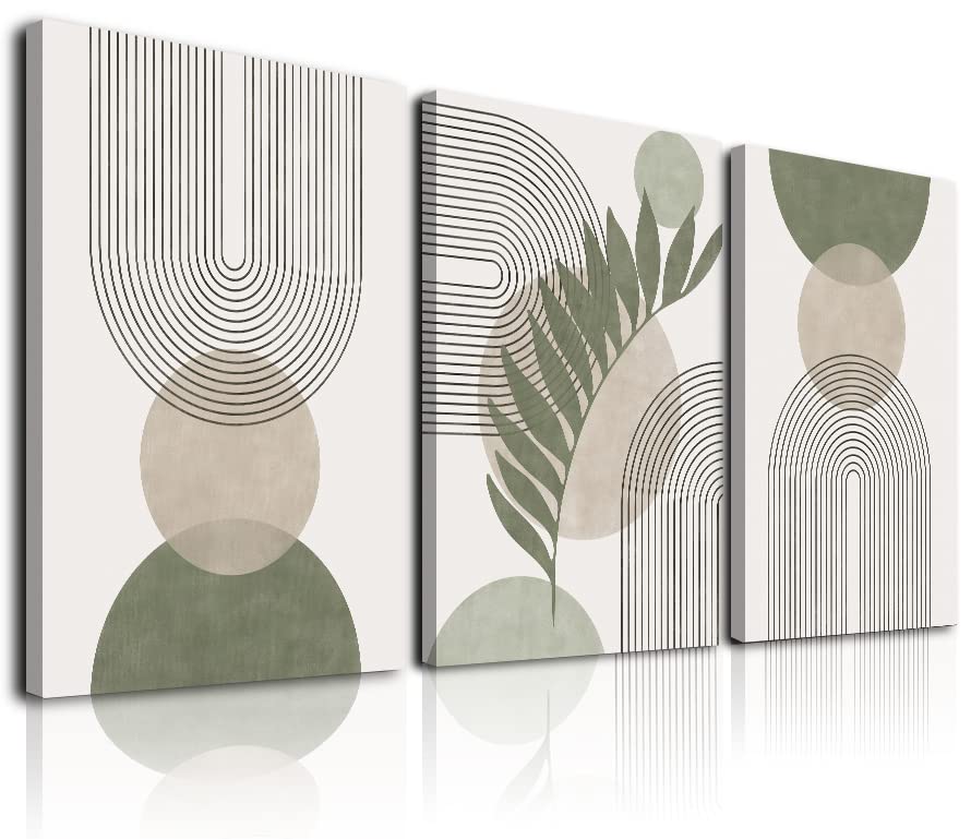 Sage Green Boho Wall Art Set Of 3, Minimalist Framed Wall Art Geometric Line Leaf Sun Moon Beige Green Canvas Artwork Paintings,