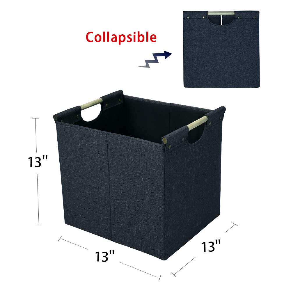 Hoonex Collapsible Storage Bins, 13X13X13In Storage Cubes Linen Fabric, 3 Pack, Storage Baskets With Wooden Carry Handles And St