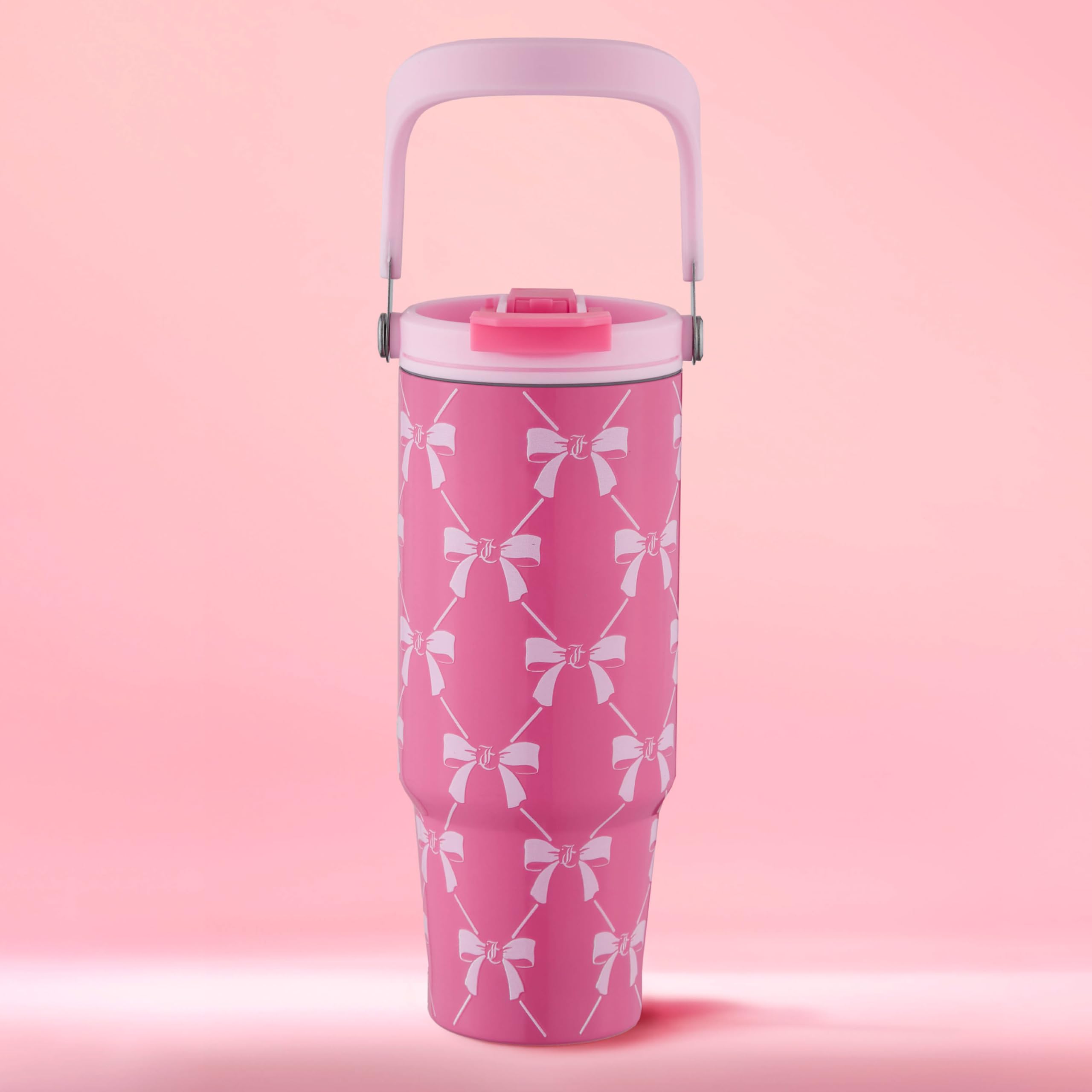 Juicy Couture Flip Fusion Hydration 40oz Stainless Steel Tumbler with Flip Handle, Pink Bows