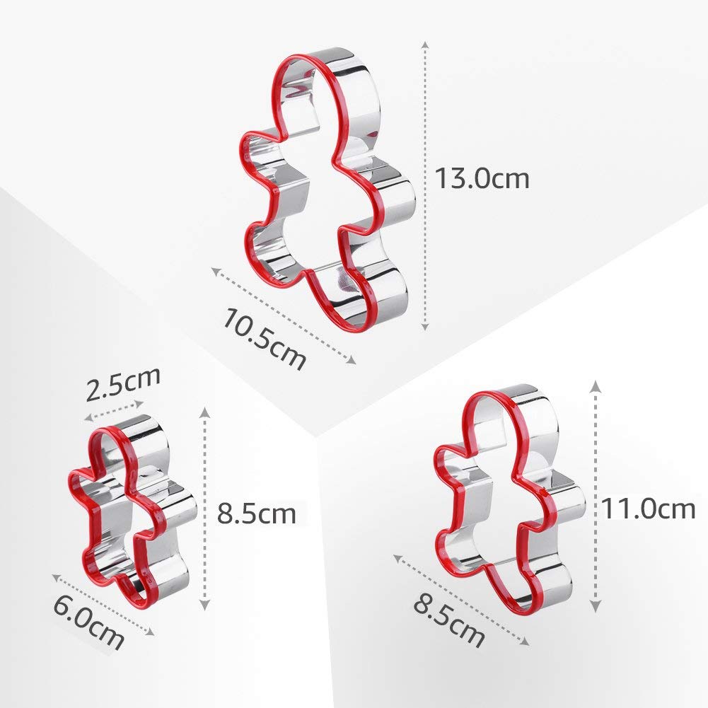 Fasaka 3Pcs Stainless Steel Cookie Cutters Set Gingerbread Boy Shape Mould With Red Environmental Pvc
