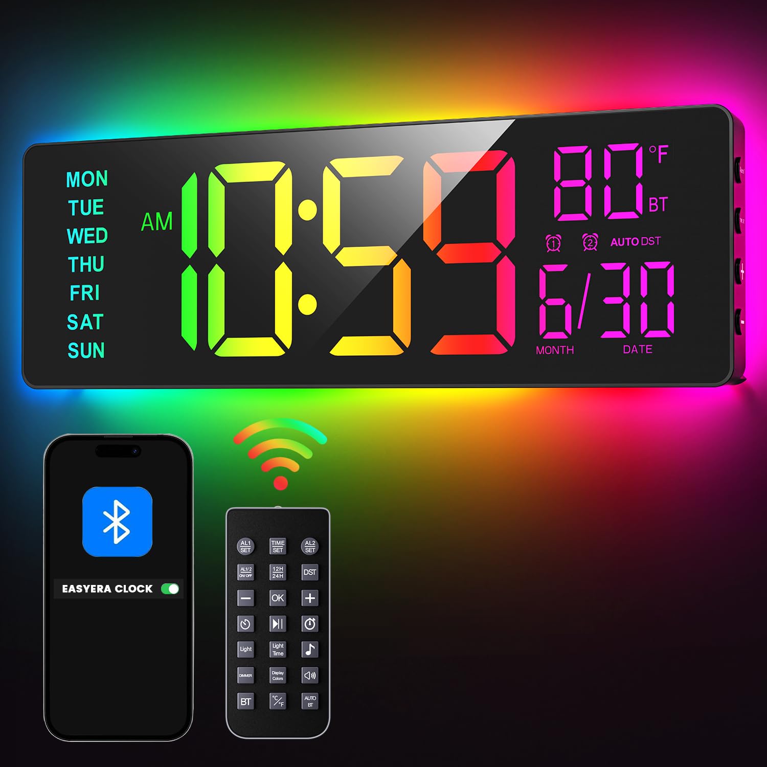 Easyera 16.5 Large Digital Wall Clock With Bt Sync, Rgb Lights With 11 Scenes Mode Remote Control, Big Led Clock With Dual Alarm