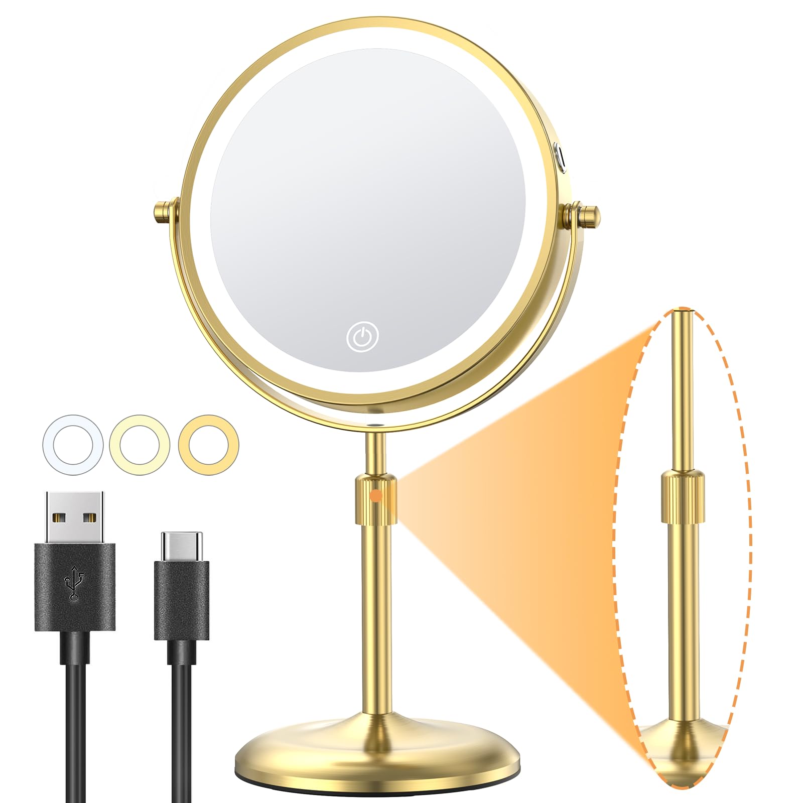 Gospire 7'' Lighted Makeup Mirror With Magnification 10X/1X, Height Adjustable & 3 Color Dimmable Lights, 360 Swivel Double Side