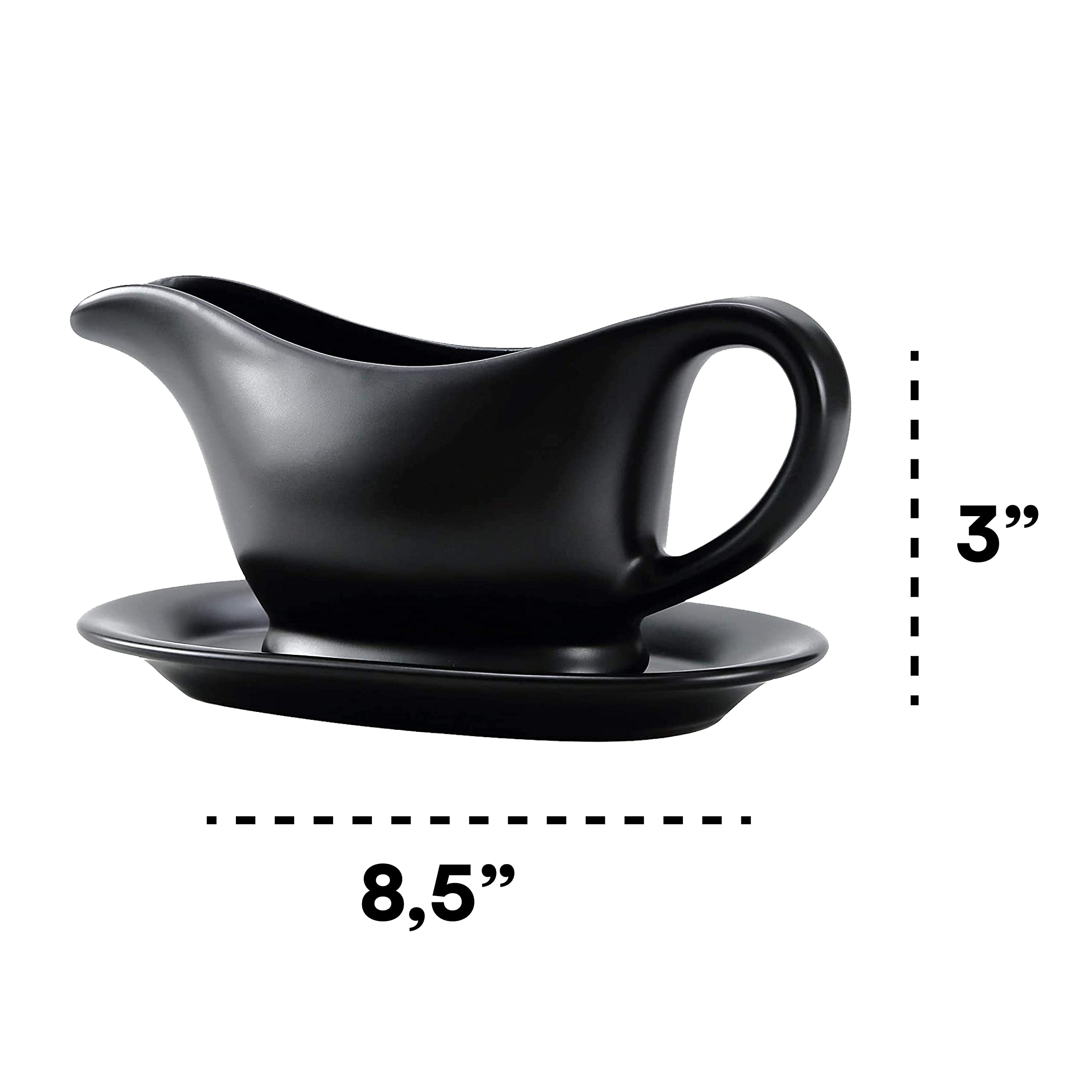 Bruntmor 11 Oz Black Ceramic Gravy Boat With Tray, 11 Ounce Small Ceramic Serving Dish, Dispenser With Tray For Sauces, Dressing