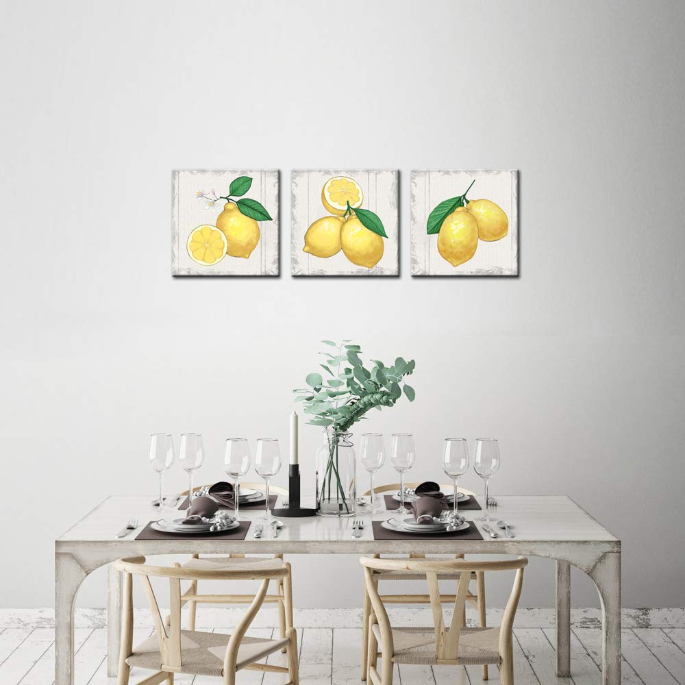 sechars 3 Piece Kitchen Wall Art Vintage Lemon Pictures Art Prints Still Life Fruit Painting Artwork for Dining Room Bar Decor Framed Ready to Hang Each Panel 12x12 Inches