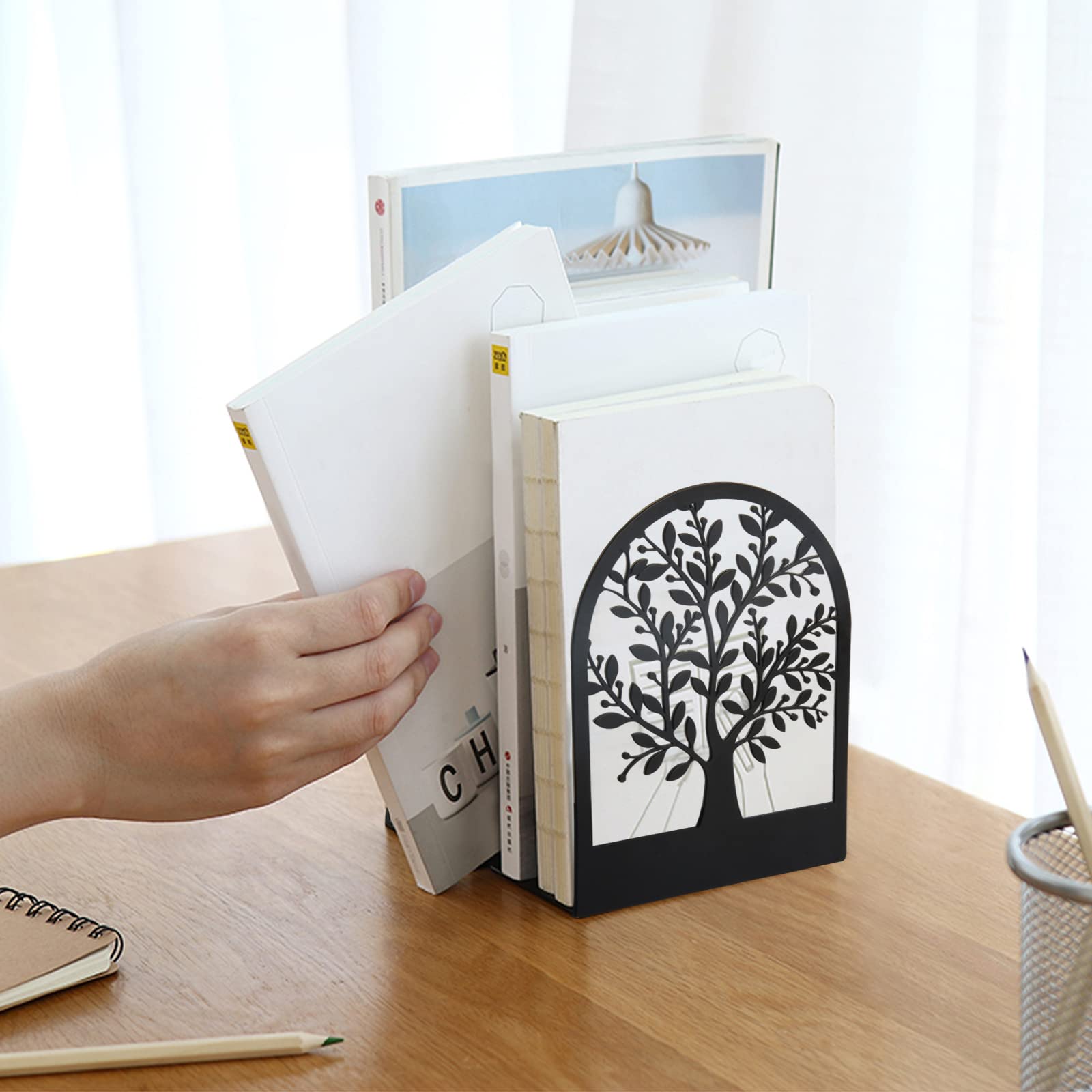 Umikk Metal Bookends - Tree of Life Design, Black Non-Skid, 7 x 5.5 x 3.5 inch, Decorative Bookends for Heavy Books (1 Pair)