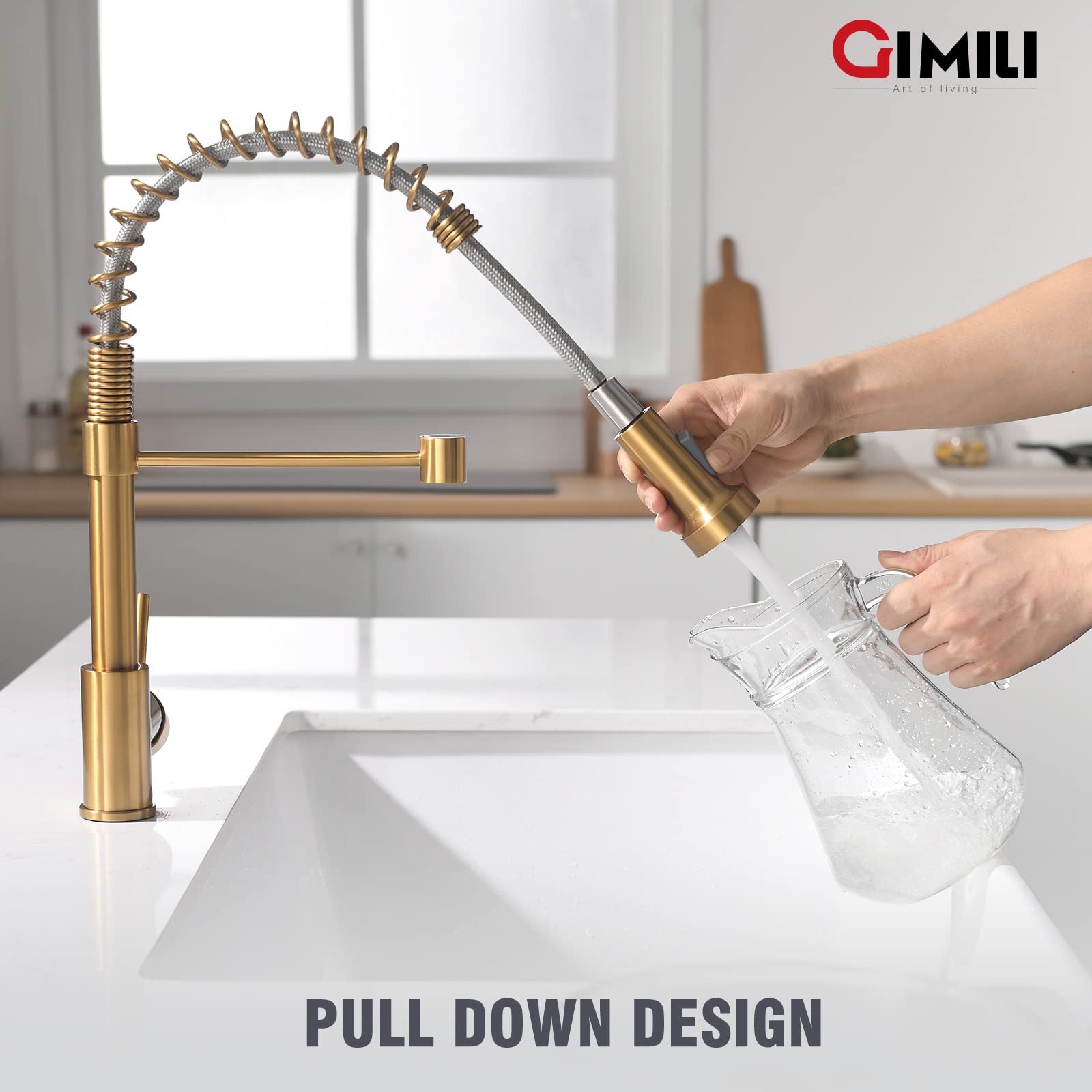 GIMILI Gold Kitchen Faucet with Sprayer Modern Single Handle High-Arc Pull Out Kitchen Sink Faucet with Pull Down Sprayer