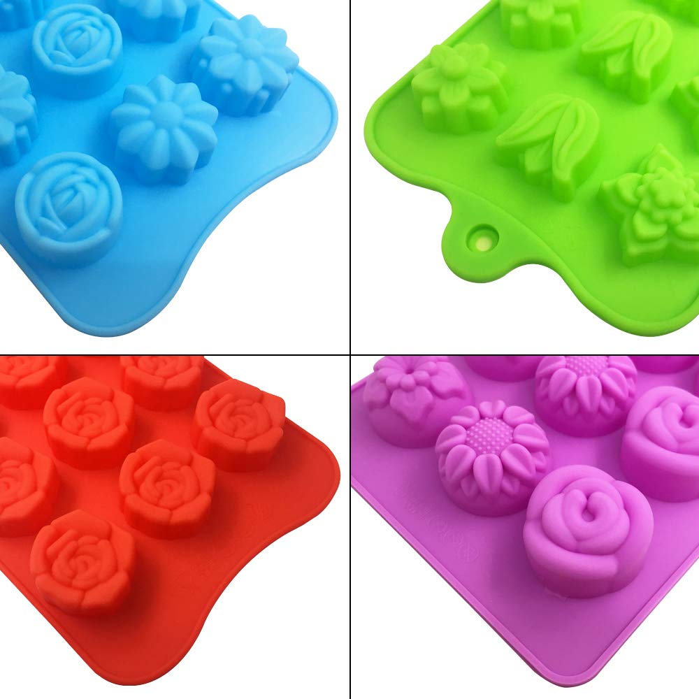 4 Pack Flower Shape Chocolate Candy Molds Set,Danzix Silicone 15 Cavity Baking Mold Ice Cube Tray For Wedding,Festival,Parties A