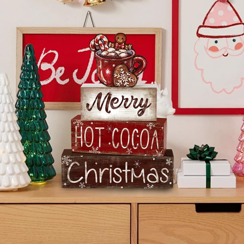 DIYDEC 4Pcs Christmas Wooden Tabletop Decoration Hot Cocoa Wooden Block Signs Gift Rustic Xmas Tiered Tray Decor Merry Christmas