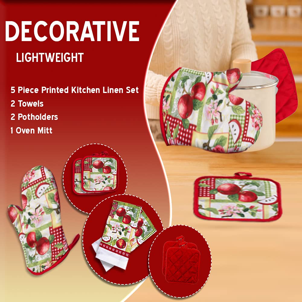 Lobyn Value Packs - 5 Piece Country Kitchen Towel Set: Features Red Apples On A Patchwork Quilt, 2 Decorative Dish Towels, 1 Ove