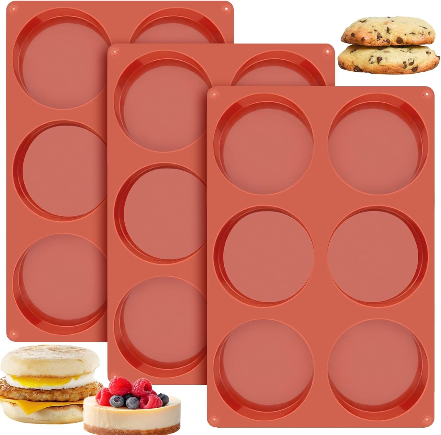 Ocmoiy 4 Inch Silicone Egg Molds for Baking/Jumbo Muffin Top Pans, 3 Pack Non-Stick Large Round Molds for Hamburger Bun, English