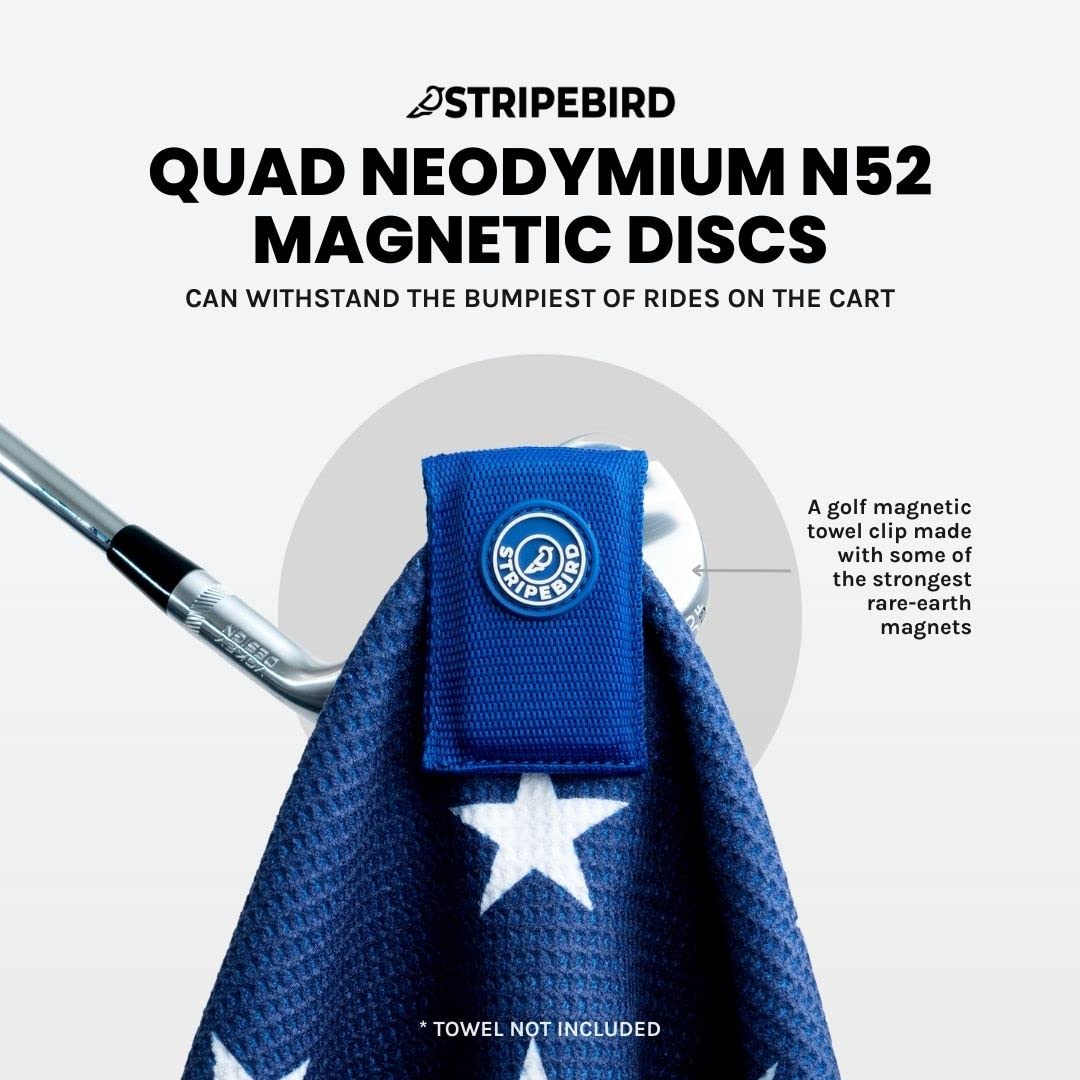 Stripebird - Magnetic Clip for Any Golf Towel (Royal Blue) - Highest Strength Magnet - Easily Access Golf Towel While You Golf - Attaches to Golf Cart  Clubs or Golf Hub - Removable from Towels