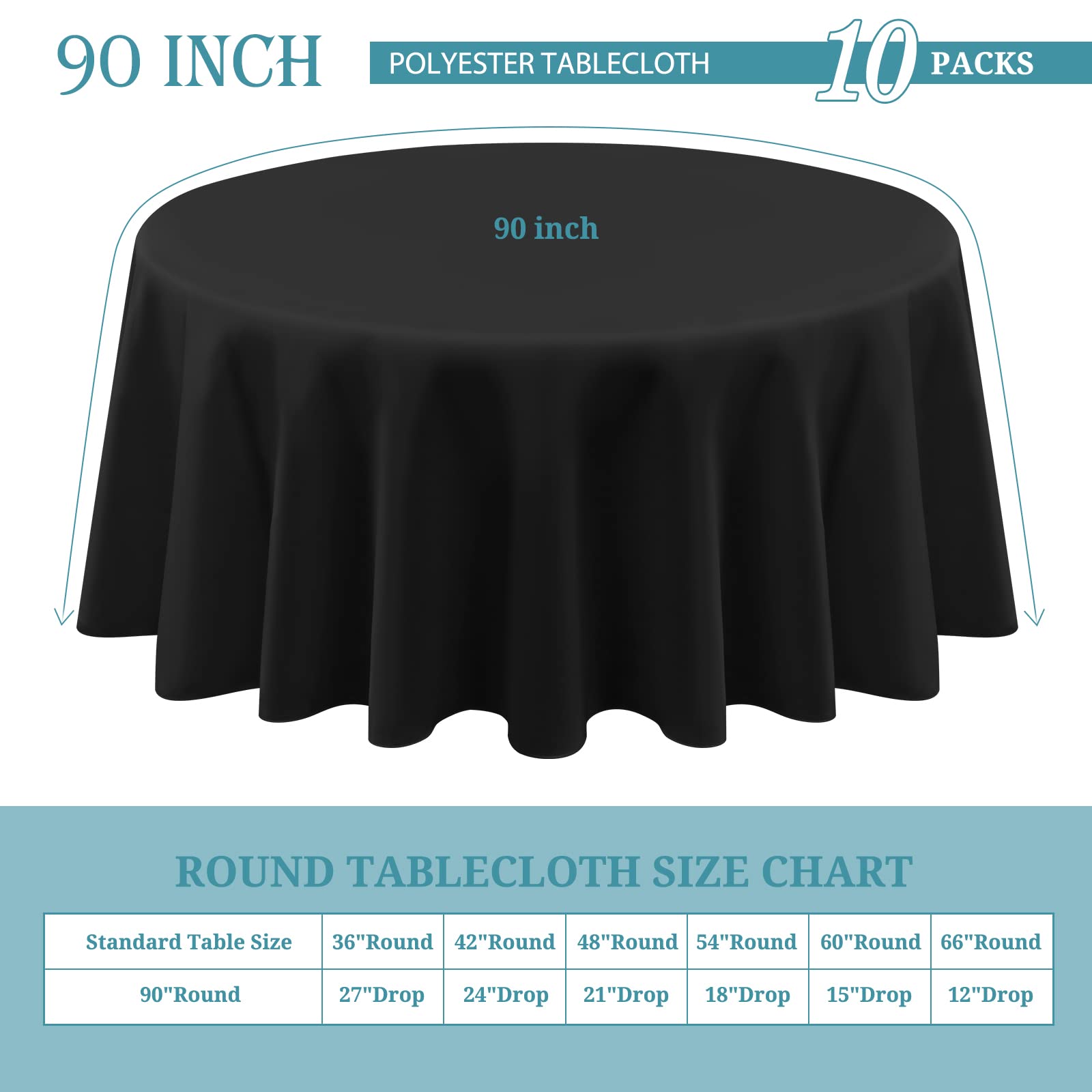 10 Packs Premium Round Tablecloth 90 Inch Black Polyester Table Cloth Bulk Washable Polyester Fabric Tablecloths Table Cover For