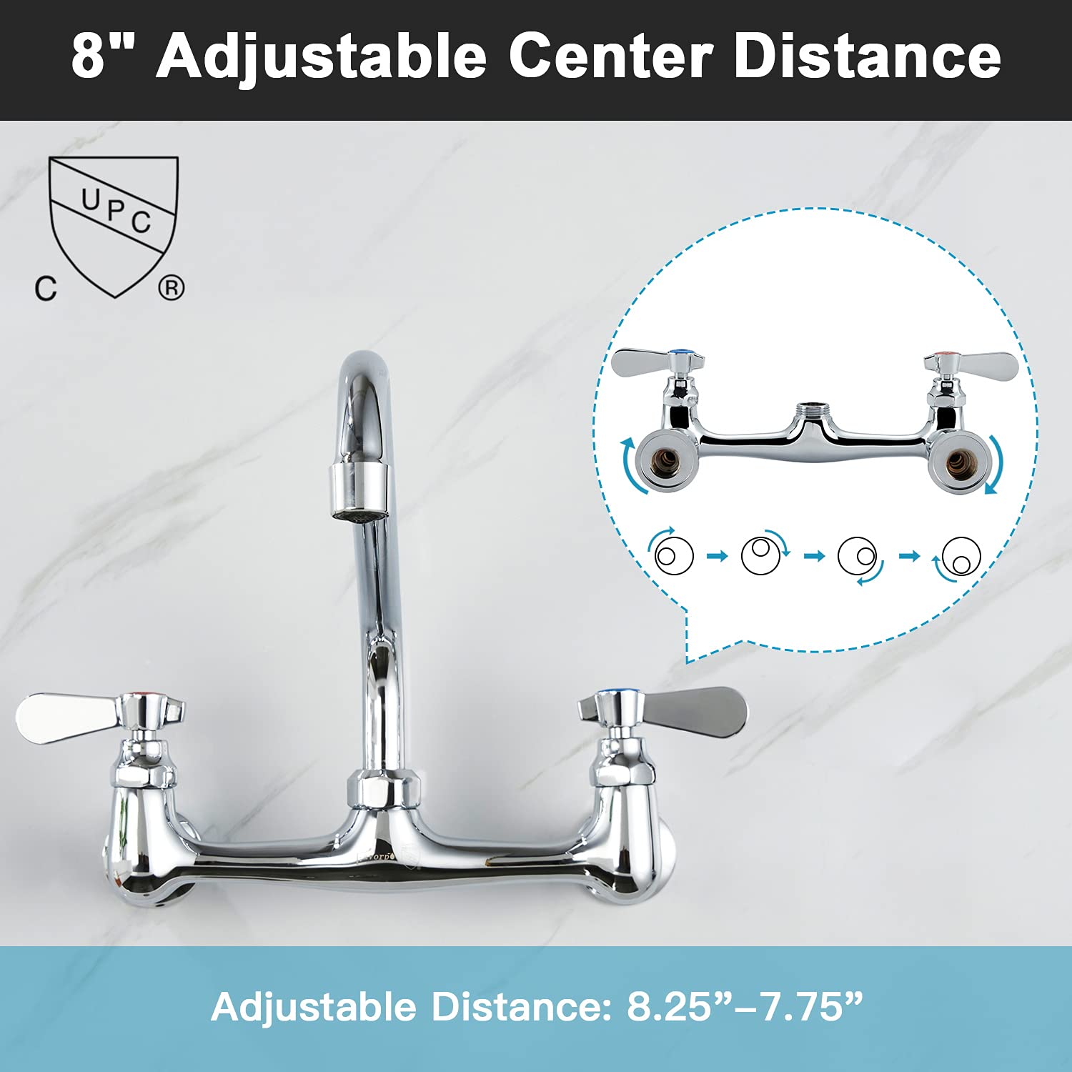 Favorpo Wall Mount Faucet 8 Inches Center Commercial Kitchen Faucet  12 Inches Swivel Spout Wall-Mount Utility Sink Faucets  2 Handle Wall Mounted Faucets for Kitchen Laundry Room Restaurant