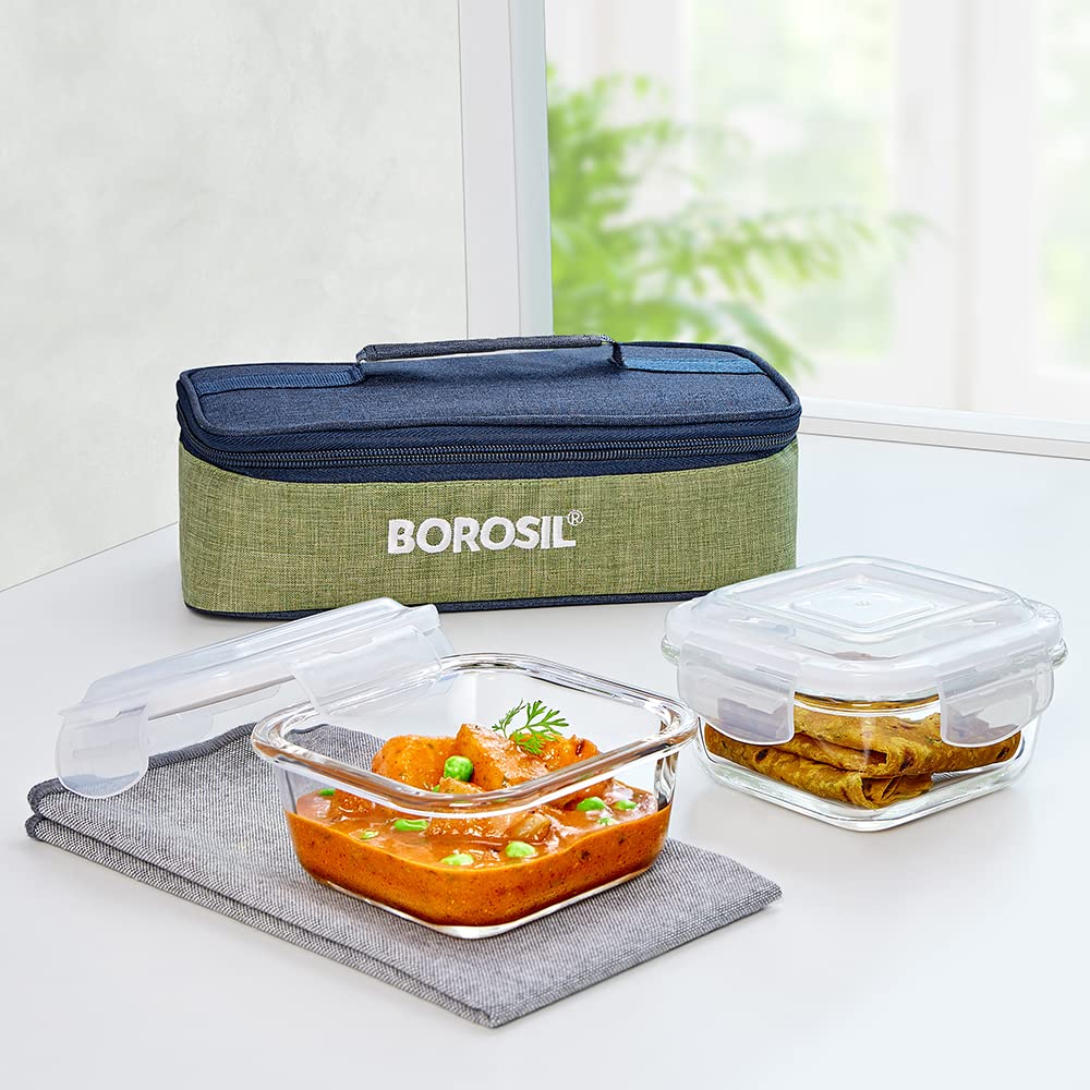 Borosil Ace Borosilicate Glass Lunch Boxes Set of 2 (320 ml Each) with Lunch Bag, Square, Horizontal, Lunchboxes for Office & Co