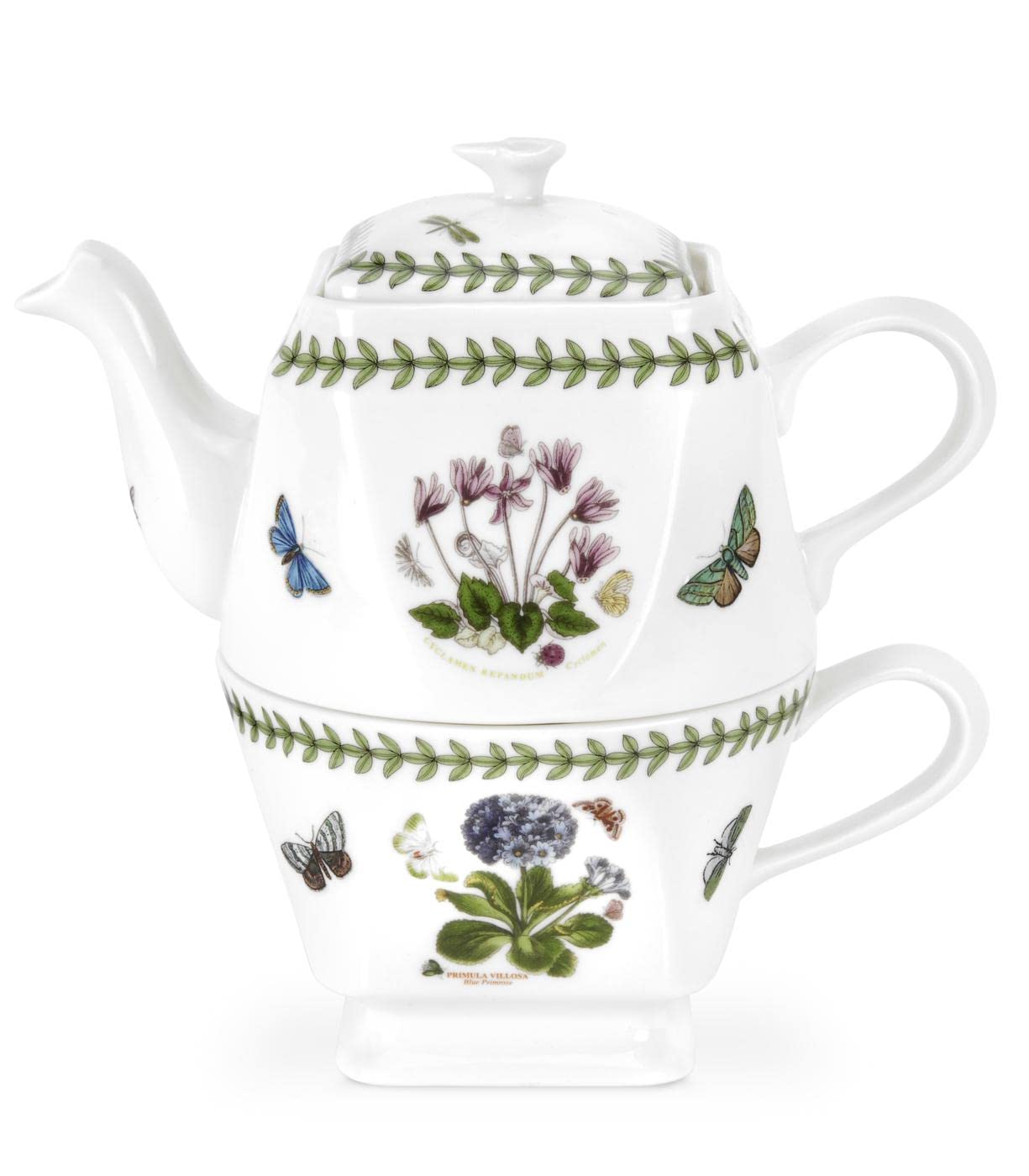 Portmeirion Botanic Garden 2 Piece Tea Set | 15Oz Square Teapot And 8Oz Teacup | Assorted Floral Motifs | Fine Porcelain | Dishw