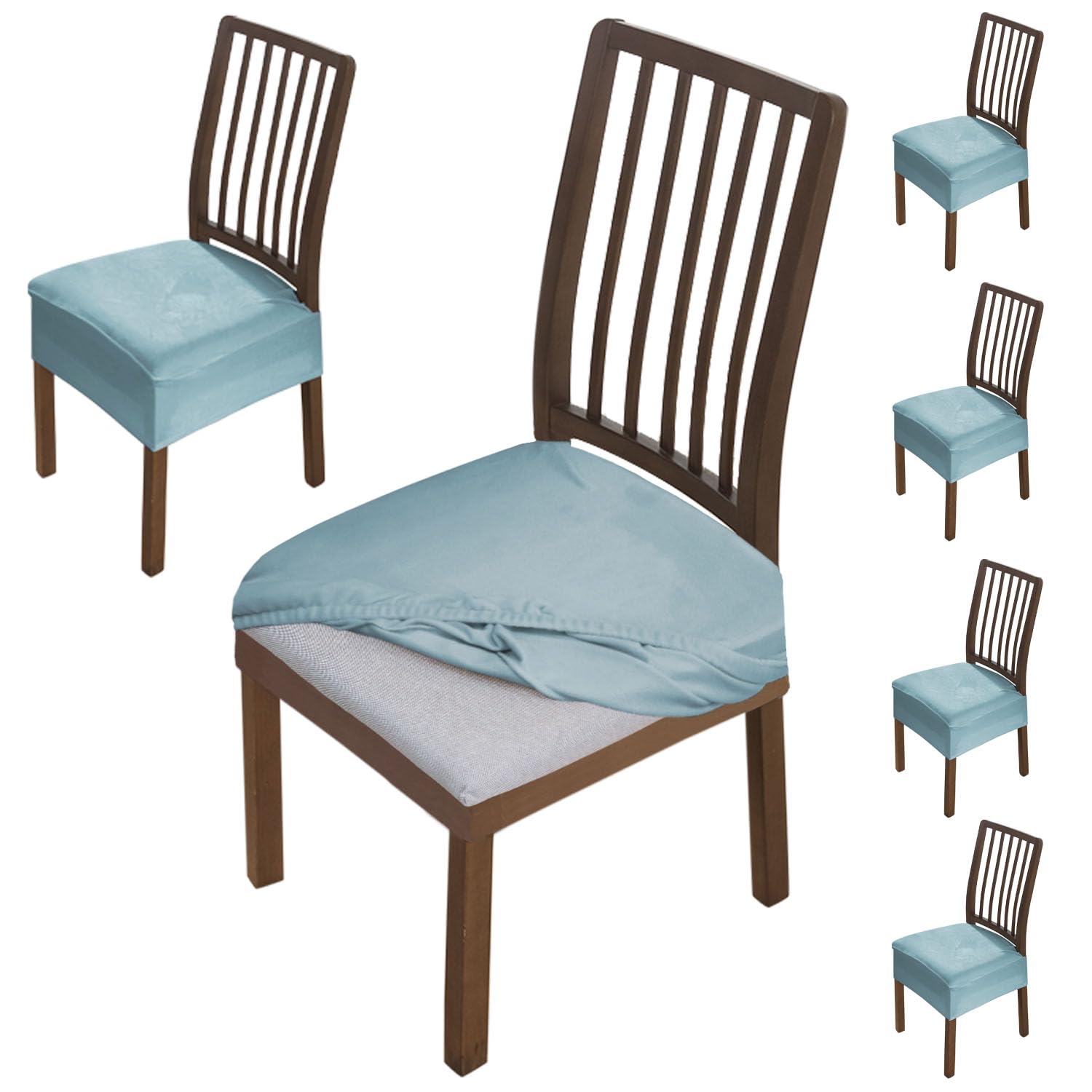 Hokipo Original Velvet Seat Cover For Chair, Stretch Fitted, Removable Washable Furniture Protector Slipcovers, Set Of 6, Sky Bl