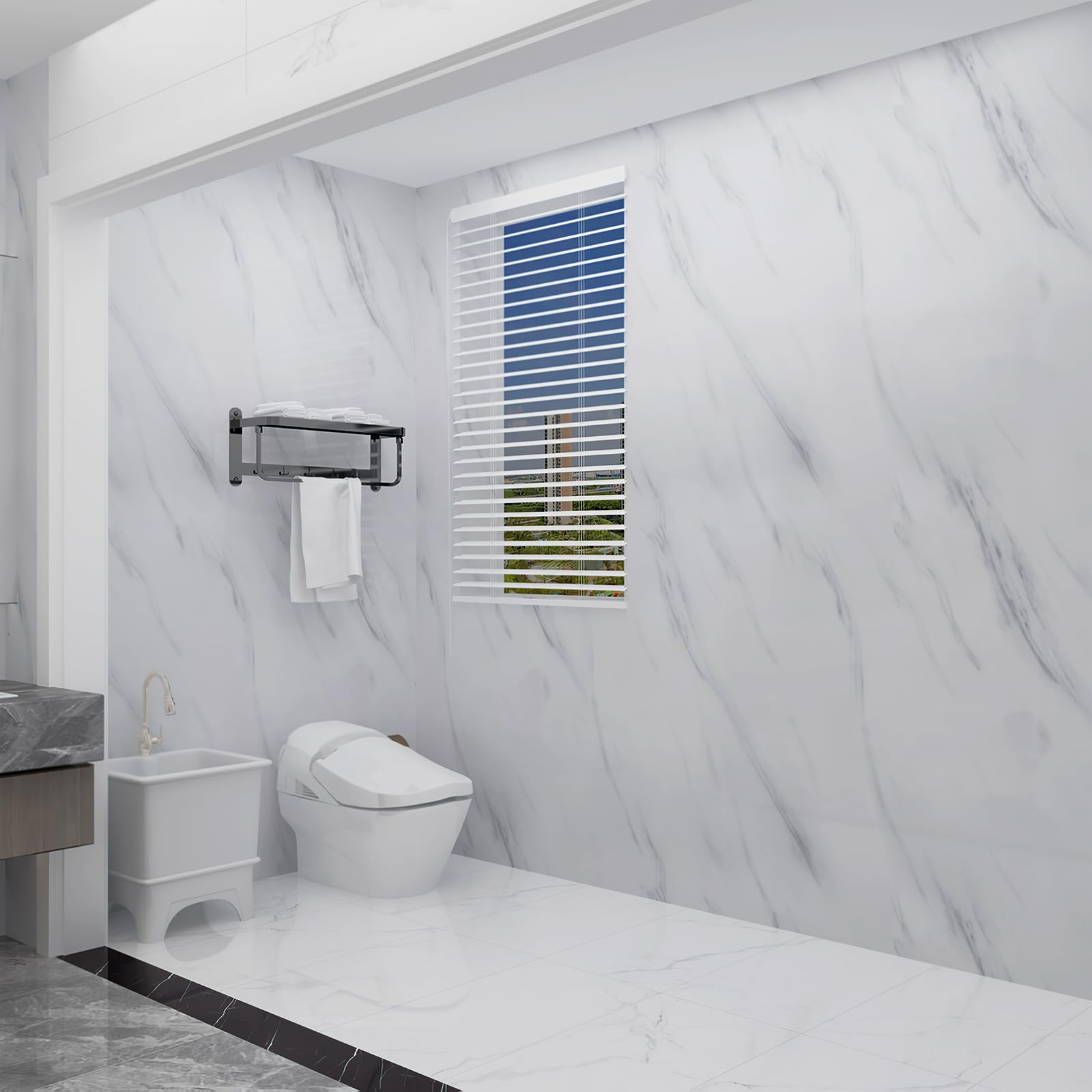 JSEVEM 24''?97'' Extra Thick White Grey Wallpaper Peel and Stick Removable White Gray Marble Contact Paper Vinyl Wrap Faux Glossy Textured Granite Wall Sticker Decor for Bedroom Bathroom Kitchen Island