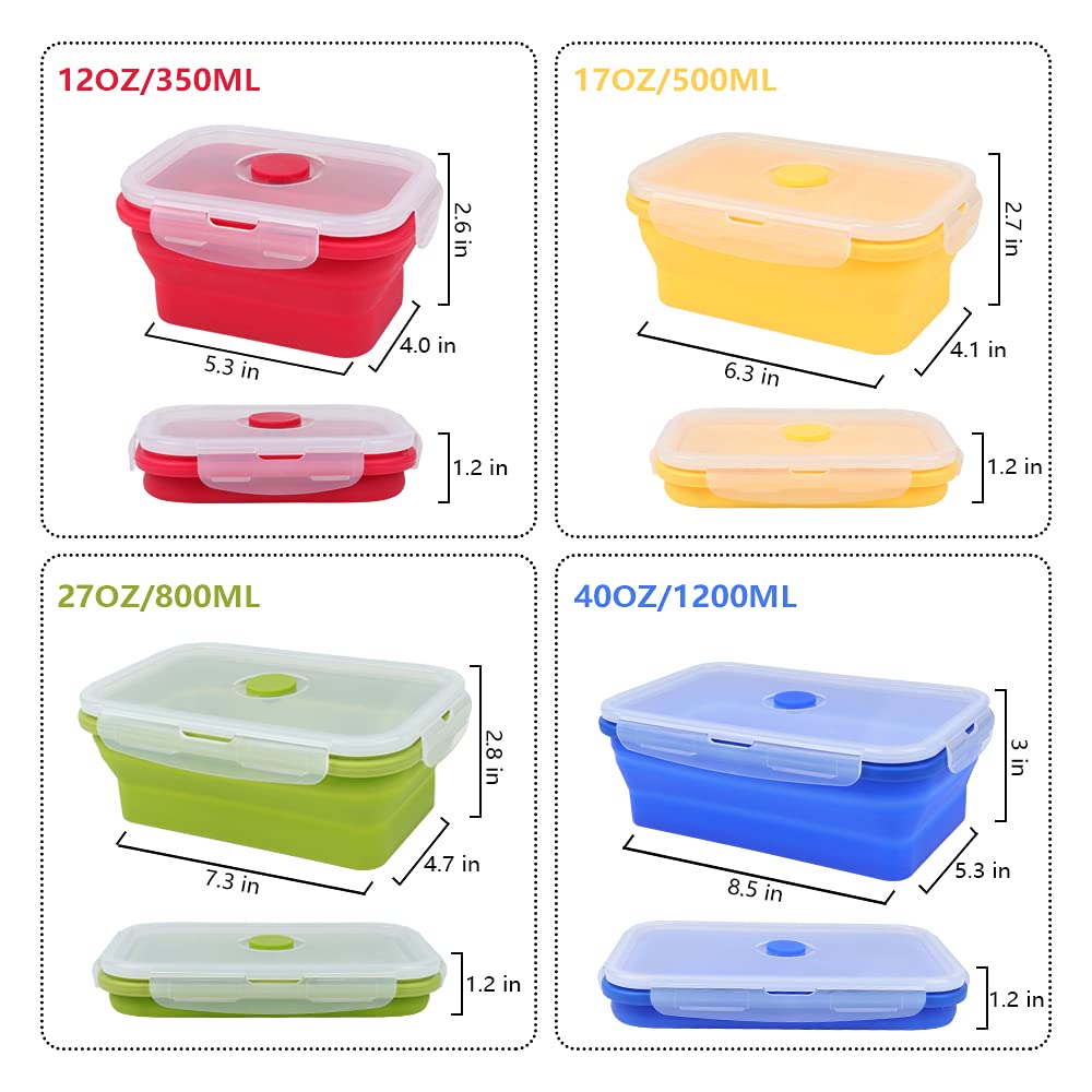 Vigind Set Of 4 Collapsible Foldable Silicone Food Storage Container, Leftover Meal Box With Airtight Plastic Lids For Kitchen,
