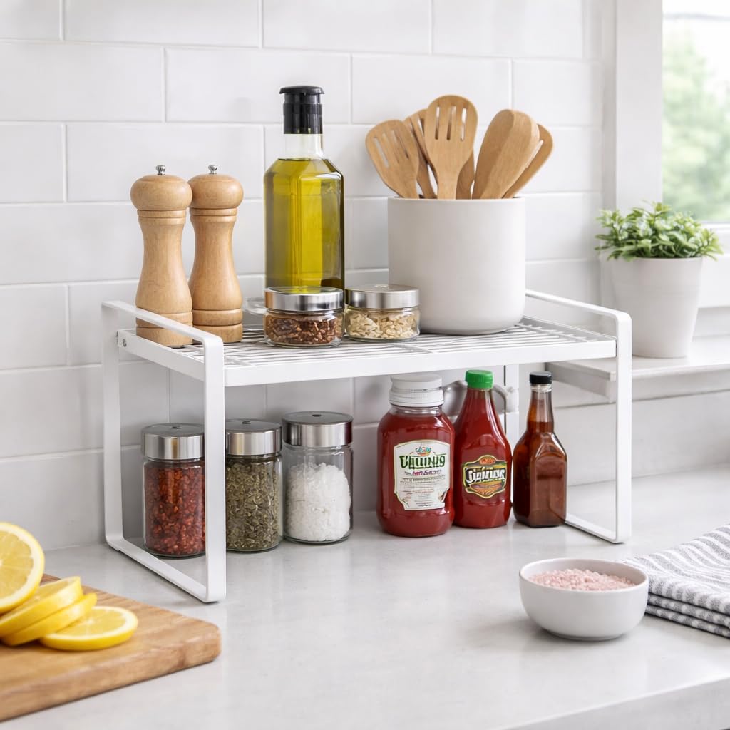Naoe Metal Cabinet Shelf Riser, White, Kitchen Counter Organiser For Spices, Plates And Pantry Storage, 35.5 X 21.5 X 17.5 Cm