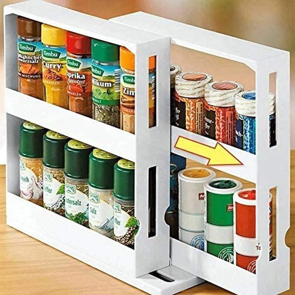 2 Tier Kitchen Spice Organizer Rack MultiFunction Rotating Storage Shelf Slide Kitchen Bottle Container Tool