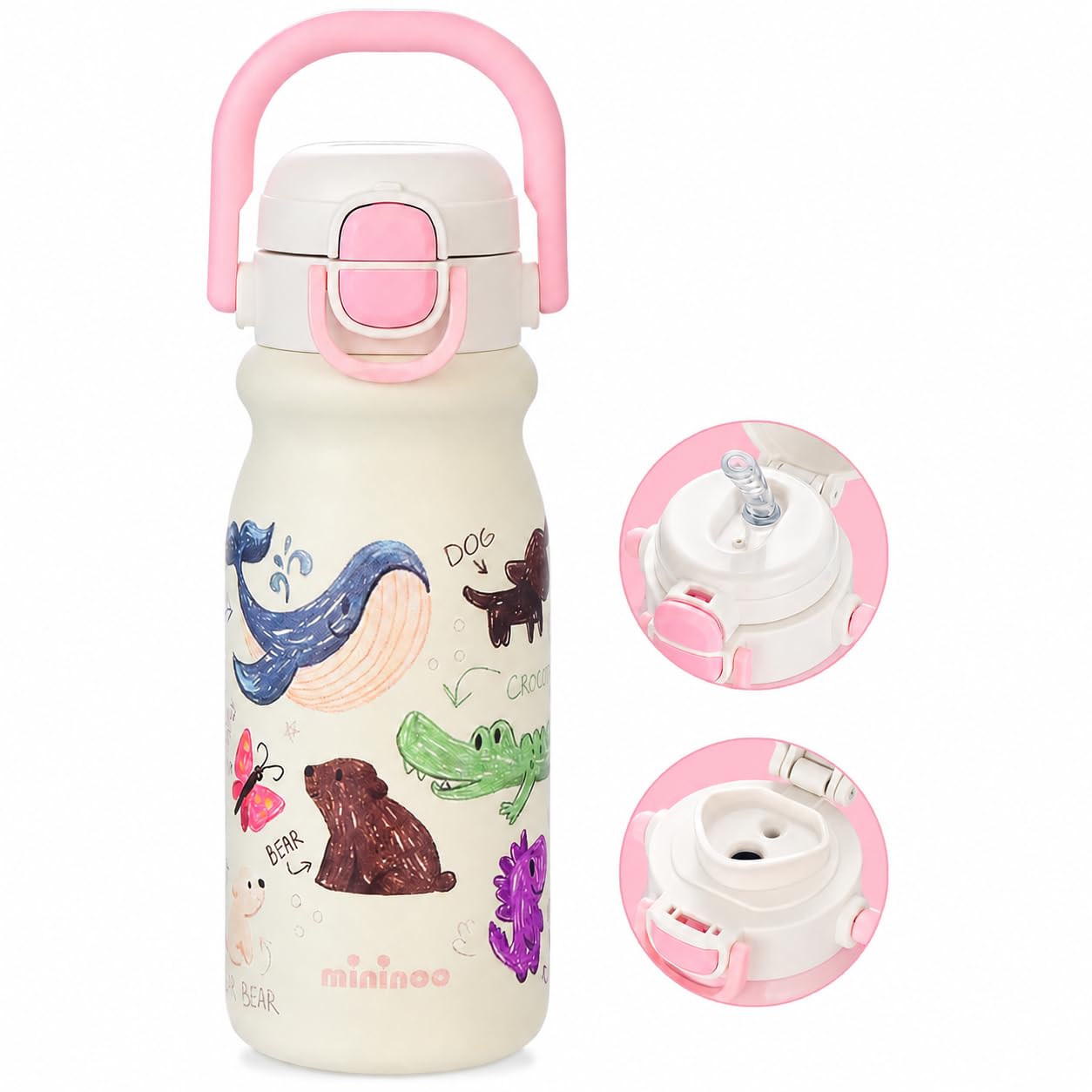 16oz Insulated Stainless Steel Kids Water Bottle for School, Animal