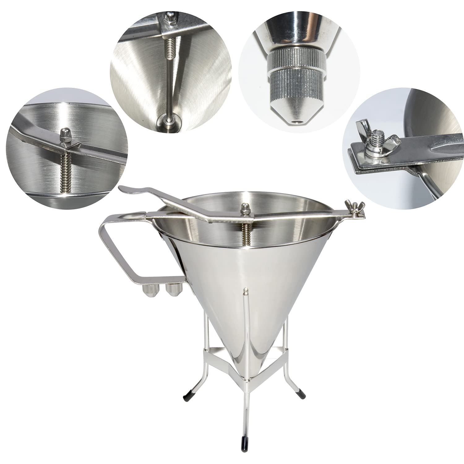 Myoyay Commercial Stainless Steel Funnel Dispenser, 1800Ml Extra Large Capacity Pancake Batter Dispenser With Stand And 3 Nozzle