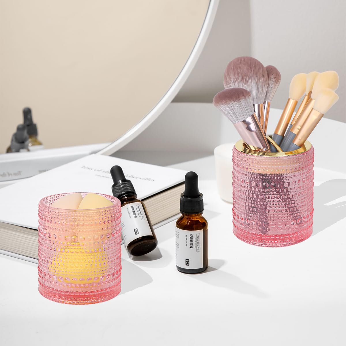 Tonxus Pink Toothbrush Holders,2Pcs Glass Toothbrush Holder Set,Clear 10Oz Bathroom Tumbler,Gold Toothbrush And Toothpaste Cup H