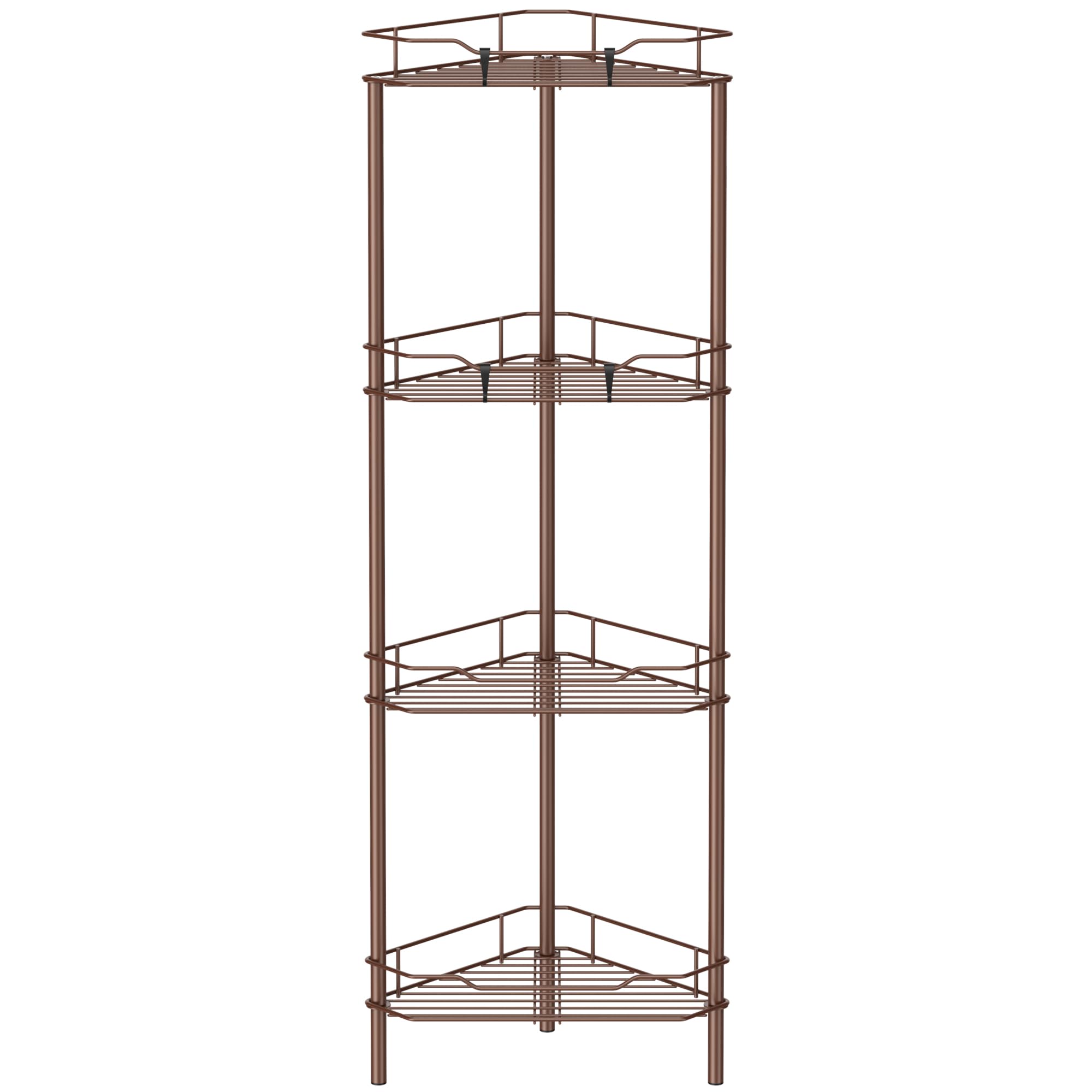 HuggieGems 4 Tier Floor Standing Corner Shower Caddy Organizer Shelf with Hooks, Bathroom Shelves Stand Rack, Coffee