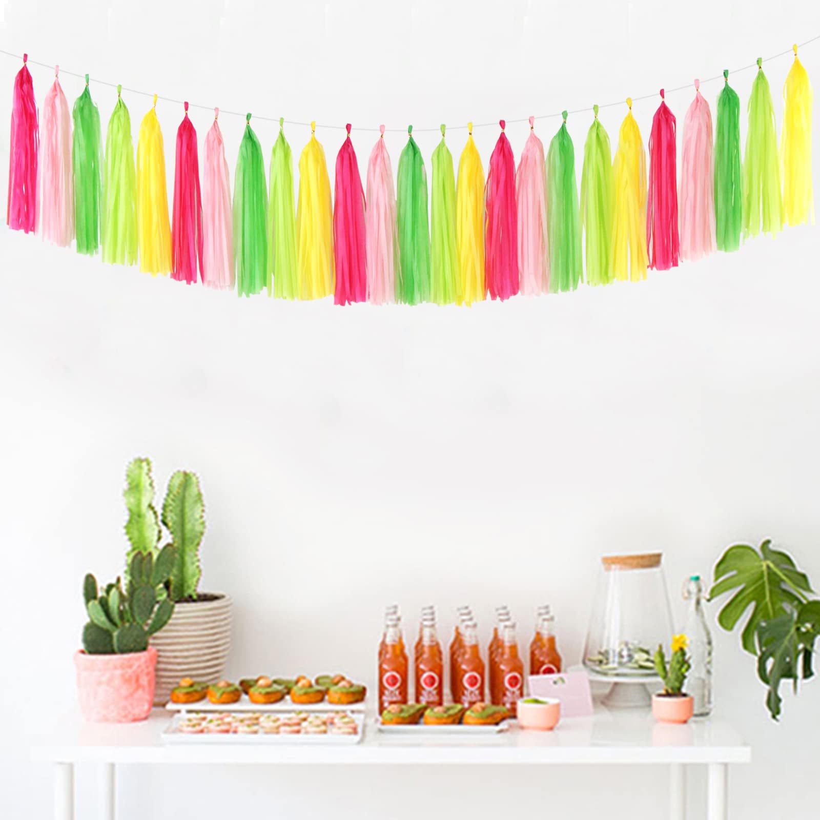 Hawaiian-Themed Pool Party-Decorations Tassel Garland - 25pcs Tropical Jungle Aloha Birthday Streamers,Pink Rose Yellow Green Su