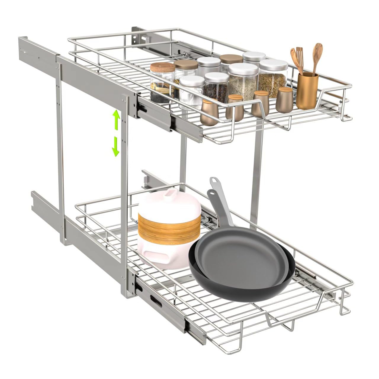 EZKAZA Pull Out Cabinet Organizer 9.5 W x 21 D, 2Tier Kitchen Cabinet Pullout Shelf and Drawer Organizer Slide Out Pantry Sto