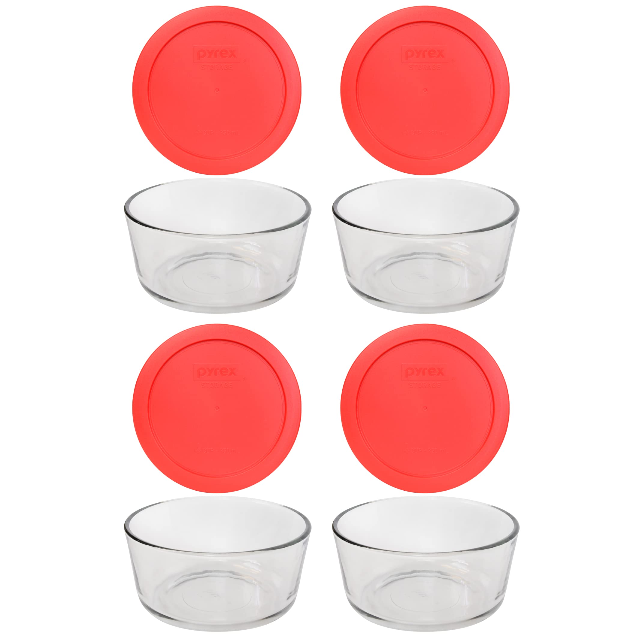 Pyrex Storage 4-Cup Round Dish with Red Plastic Cover, Clear (Case of 4 Containers), 4 pack