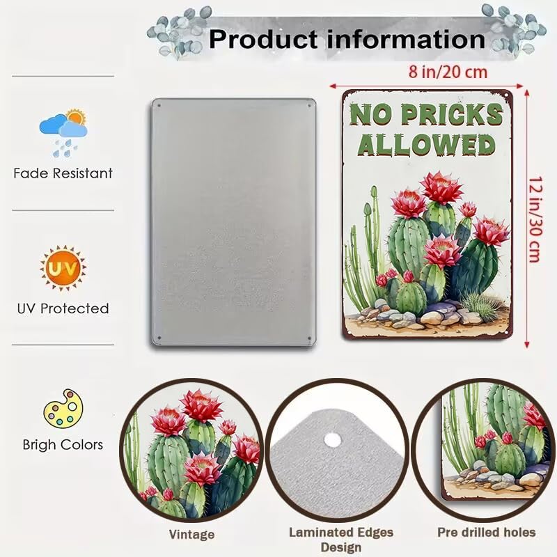 Bestylez Garden Gifts Vintage Cactus No Pricks Allowed Gardening Signs for Home Garden Greenhouse Living Room Bedroom Yard Outdo
