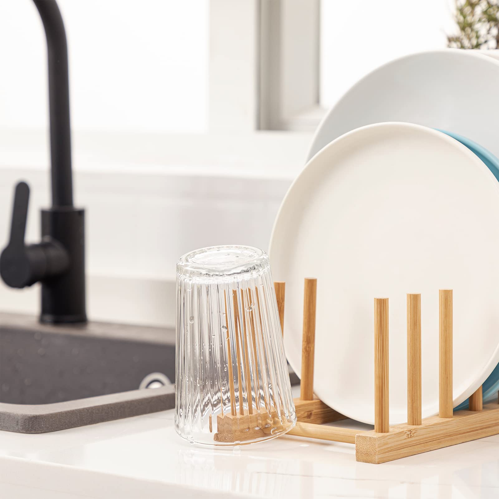 Hblife 2Pcs Bamboo Dish Plate Bowl Cup Book Pot Lid Cutting Board Drying Rack Stand Drainer Storage Holder Organizer Kitchen Cab