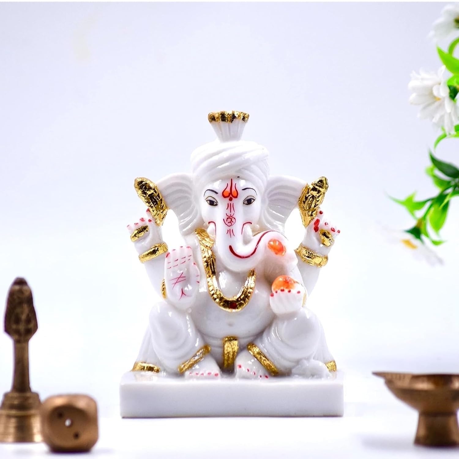 Seema Handicraft Pagadi Ganesh Idol White And Gold, Marble For Home, Office, Gift, Good Luck, Lord Ganesha
