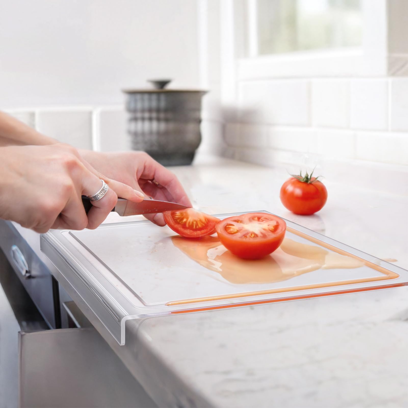 Acrylic Cutting Board with Counter Lip, 17x13 Inch Clear Cutting Boards for Kitchen Counter with Juice Groove, Non Slip for Coun