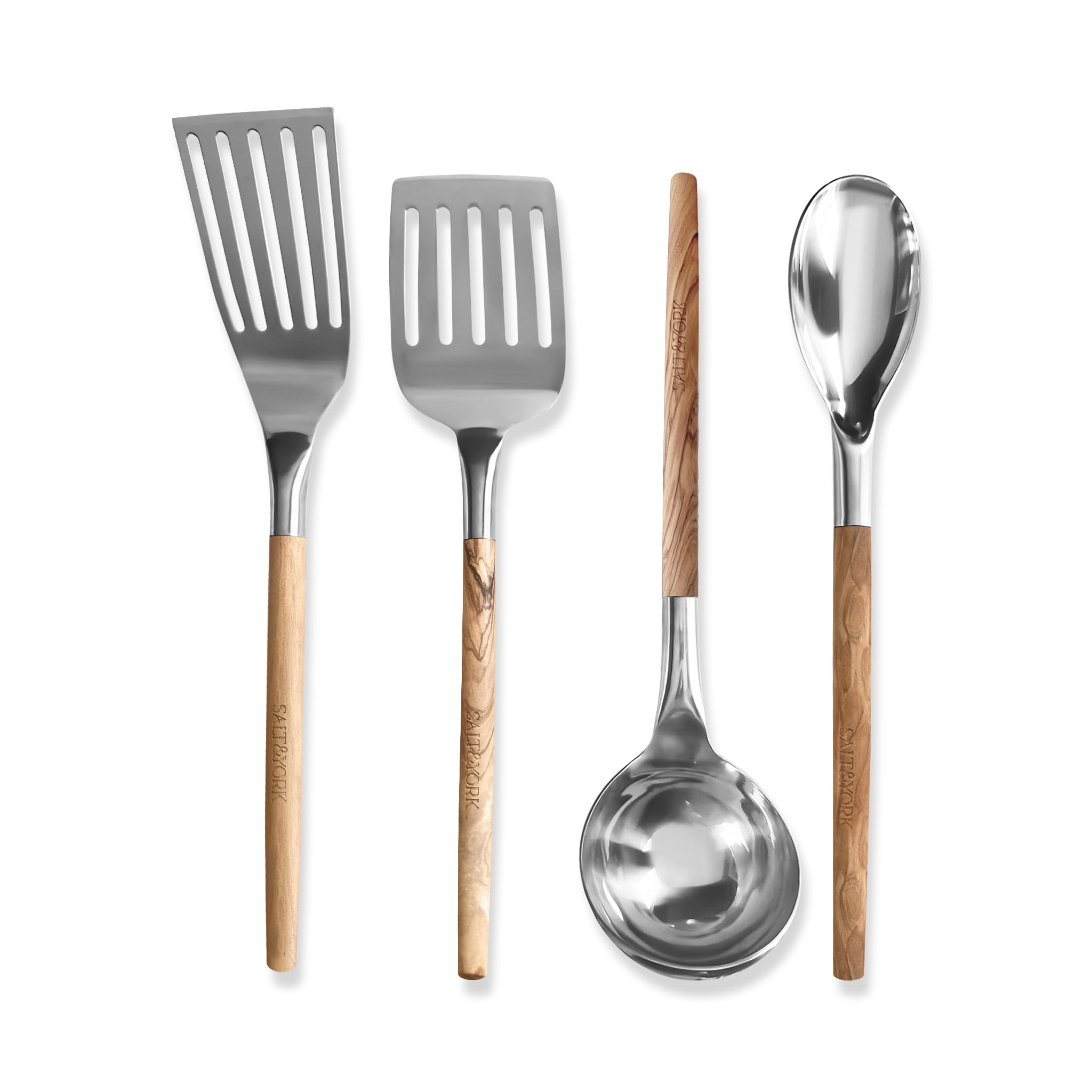 Salt & York Cooking Utensil Set, Stainless Steel Kitchen Tools with Handcrafted Olive Wood Handles, 2 Spatulas, Ladle and Spoon,