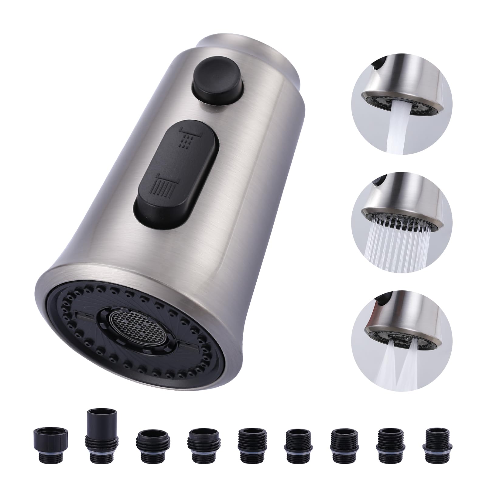 WOWOW Kitchen Faucet Head Replacement, 3 Function Pull Down Faucet Sprayer Head with 9 Adapters, Brushed Nickel Kitchen Sprayer 