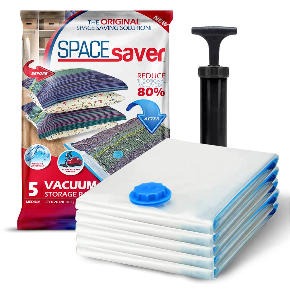 5 Pack Medium Vacuum Storage Bags for Comforters, Blankets & Clothes - Vacuum Sealed Compression Bags with Hand Pump - Space Sav