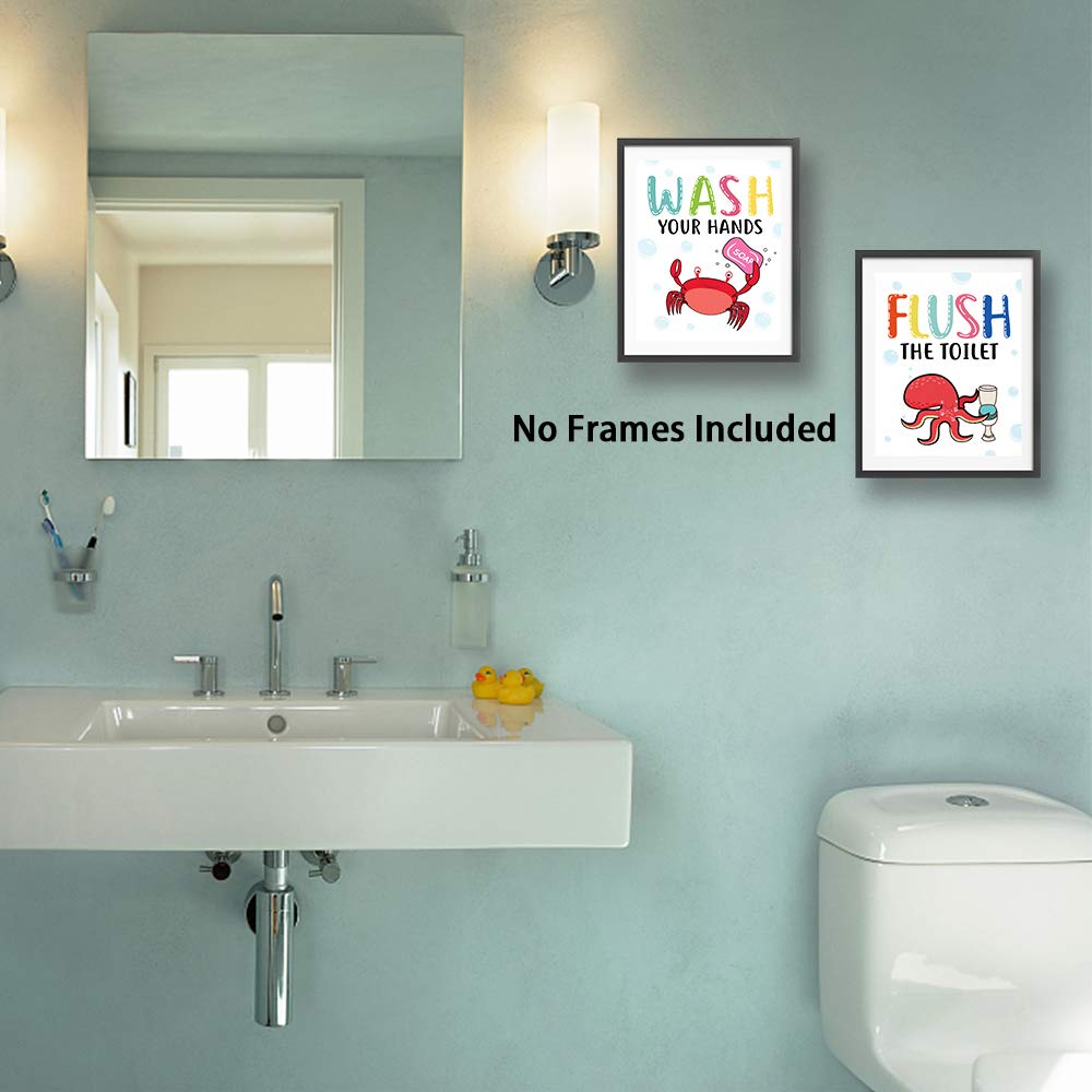Funny Colorful Cartoon Sea Life Themed Bathroom Inspirational Quotes Art Print Humorous Quotes Painting  Toilet Rules Art Picture for Children Washroom Bathroom Decor  Set of 4 (8X10)  No Frame