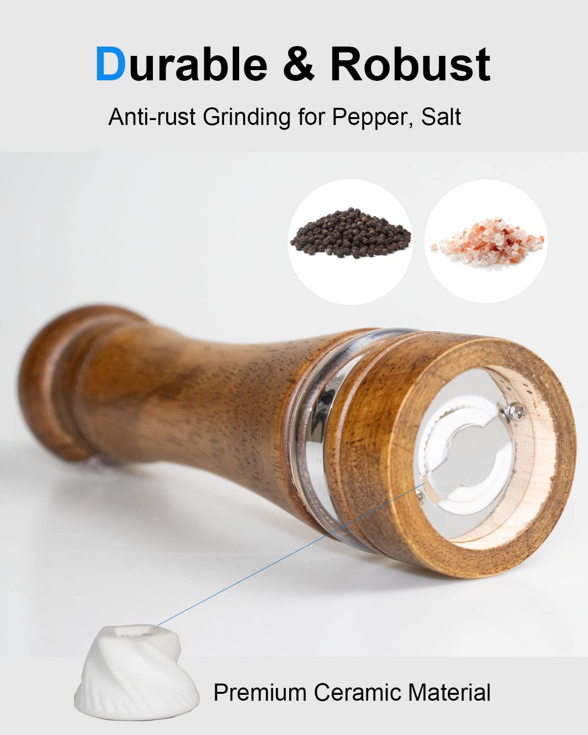Toowoom Pepper Grinder Salt Grinder Wooden Pepper Mill Grinder W/Adjustable Coarse, 8 Inch Tall Wood Refillable Manual Pepper Gr