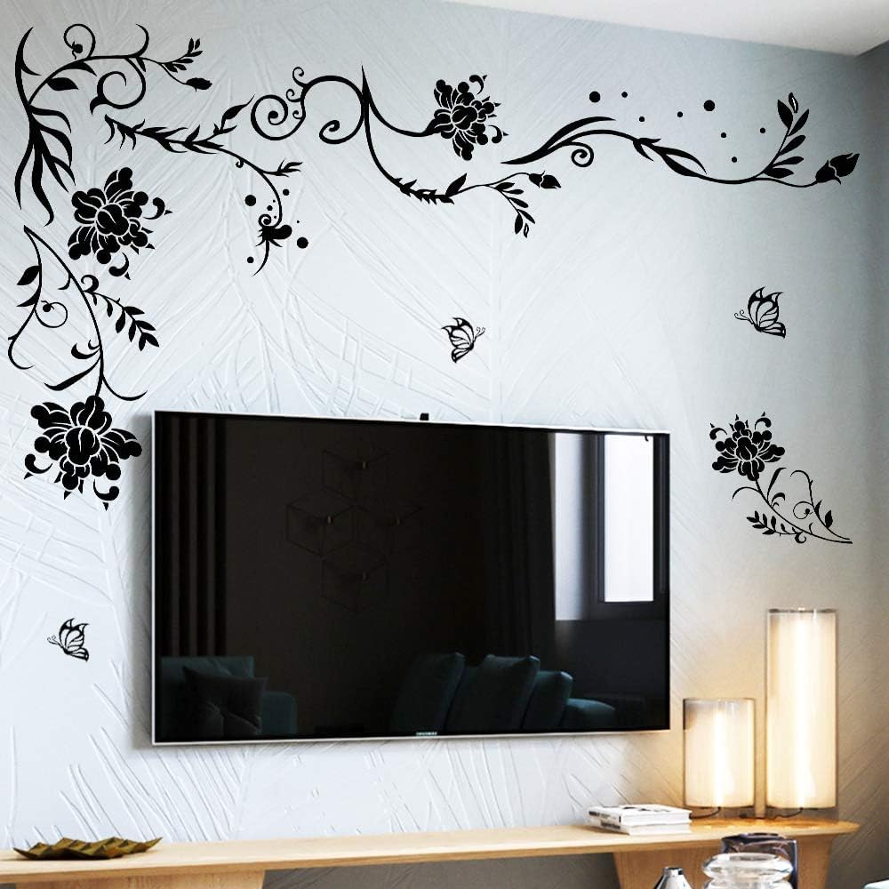 Supzone Flowers Vine Wall Decals Black Flower Wall Stickers Butterfly Floral Wall Decor Removable Vinyl Diy Home Wall Art Sticke