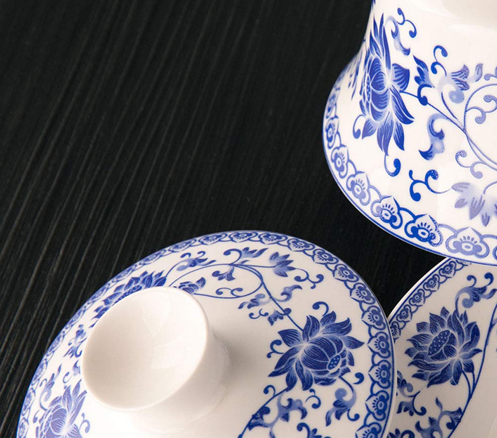 Liang Baobao Traditional Gaiwan Tea Set With Lid And Saucer Gongfu Tea Cup Porcelain Blue Lotus Design Teacups 200Ml
