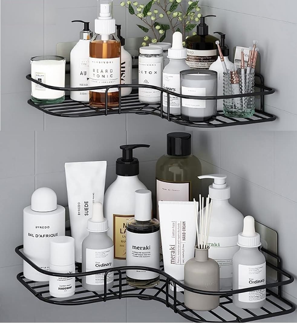 Corner Bathroom Shelf Organiser, 90Degree Wall Mount Storage Rack,Tier Black Metal Shelves For Toiletries