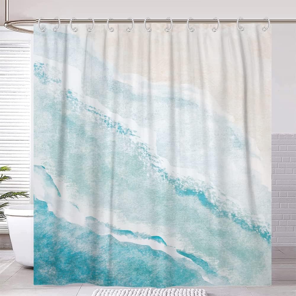 Gcirec Beach Shower Curtain, Teal Blue Coastal Ocean Beach Theme Bathroom Curtain Waterproof Fabric Machine Washable With Hooks,